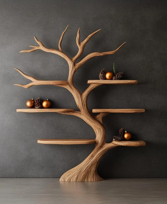 Handmade Tree Shape Wall Bookshelf Solid Wood Floating Bookcase