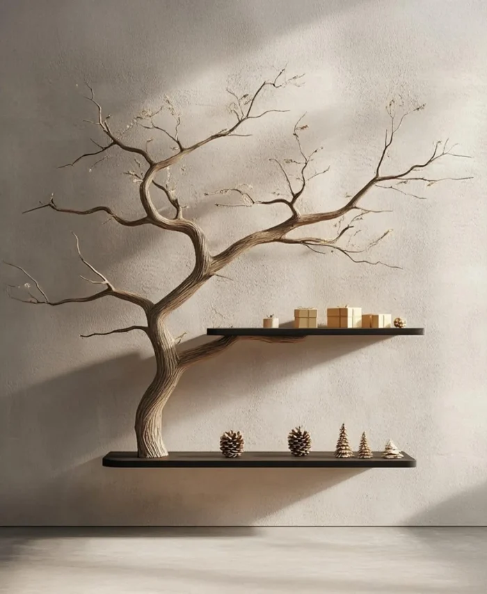 Live Edge Tree Shape Floating Wall Bookshelf Solid Wood Custom Bookcase